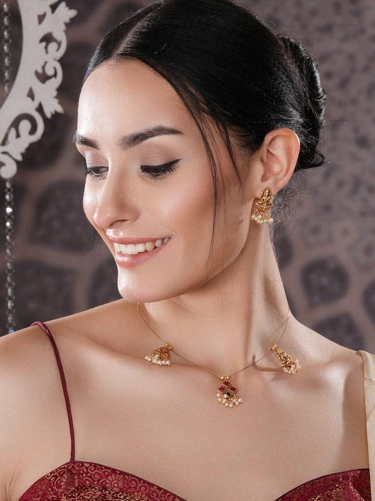 Gold Plated Pearl Beaded Invisible Chain Temple Goddess Lakshmi Motif Pendant Jewellery Set view 2