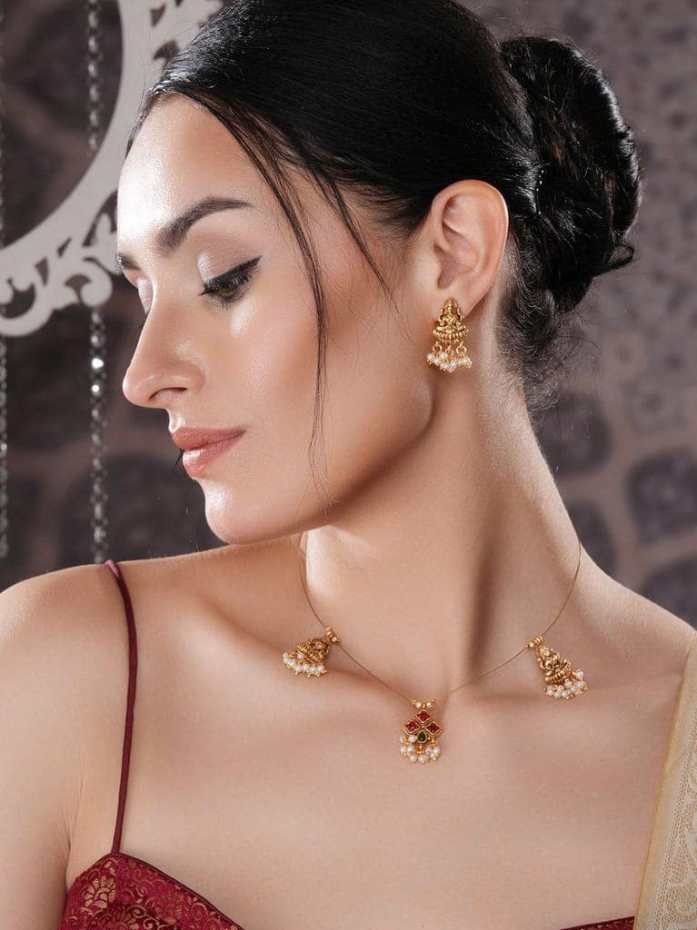 Gold Plated Pearl Beaded Invisible Chain Temple Goddess Lakshmi Motif Pendant Jewellery Set view 3