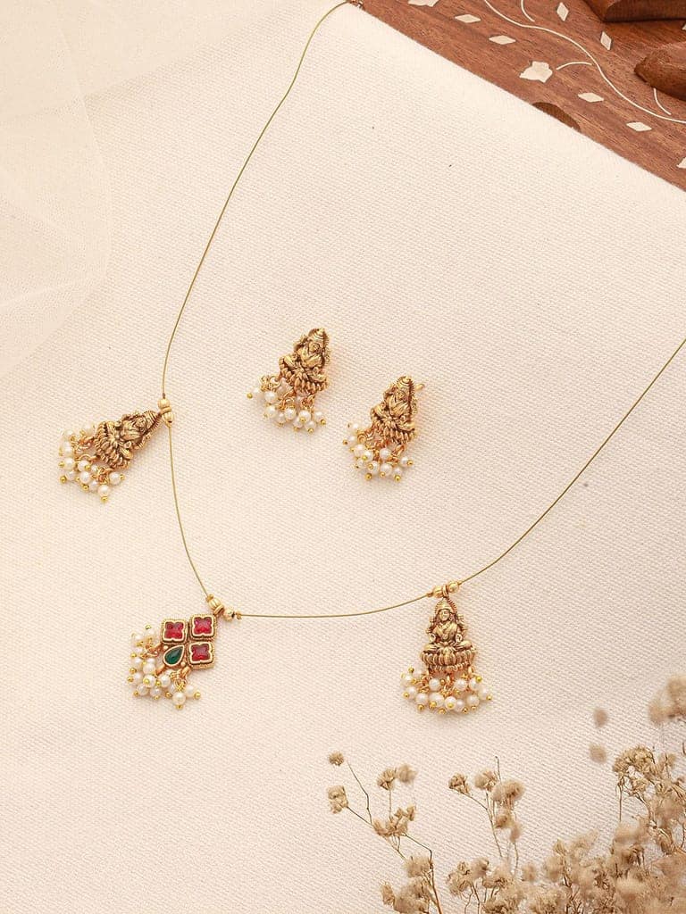 Gold Plated Pearl Beaded Invisible Chain Temple Goddess Lakshmi Motif Pendant Jewellery Set view 5