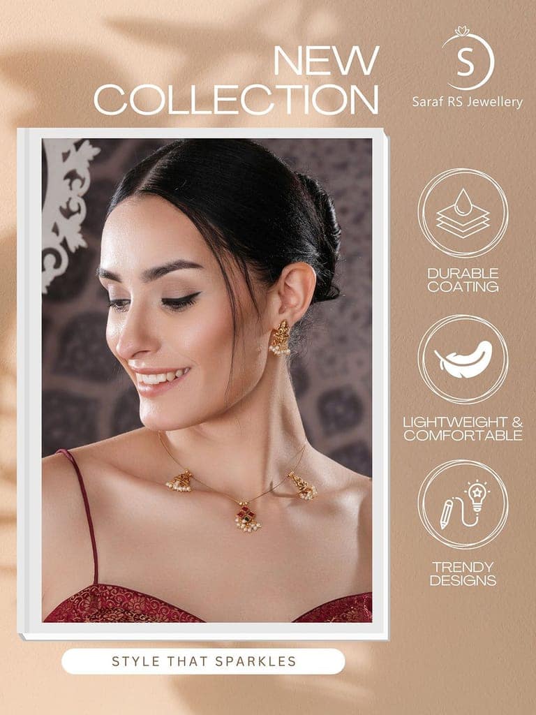 Gold Plated Pearl Beaded Invisible Chain Temple Goddess Lakshmi Motif Pendant Jewellery Set view 6