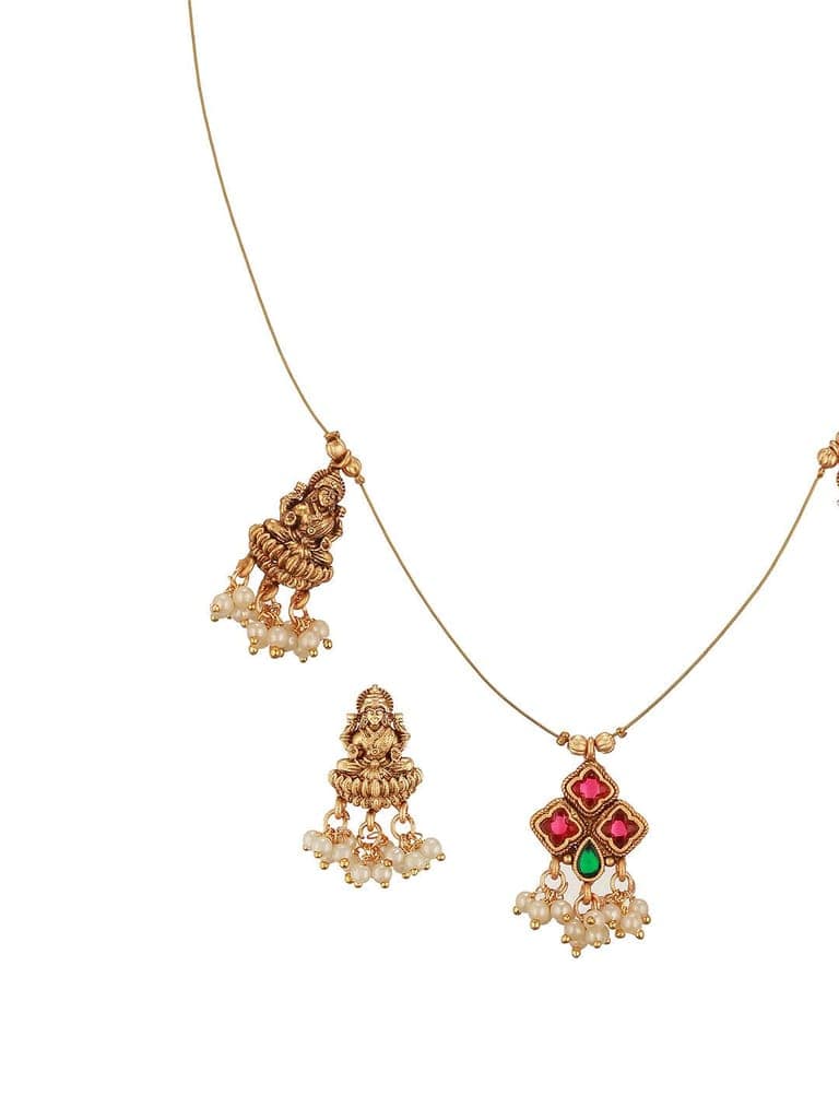 Gold Plated Pearl Beaded Invisible Chain Temple Goddess Lakshmi Motif Pendant Jewellery Set view 8