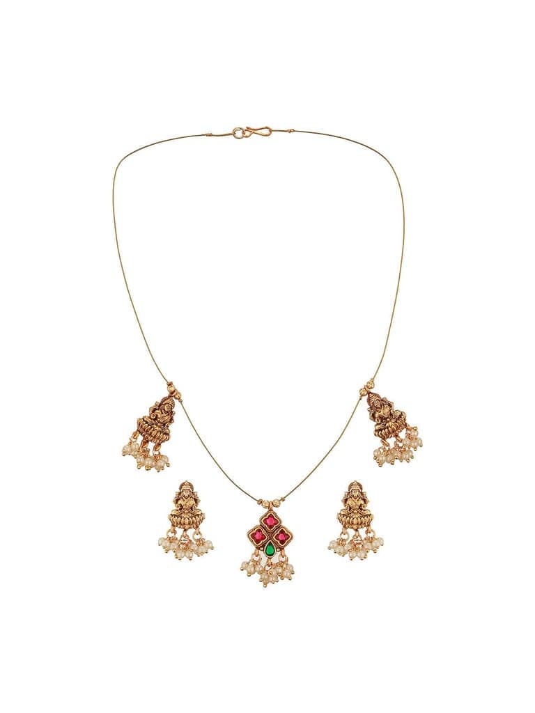 Gold Plated Pearl Beaded Invisible Chain Temple Goddess Lakshmi Motif Pendant Jewellery Set view 9
