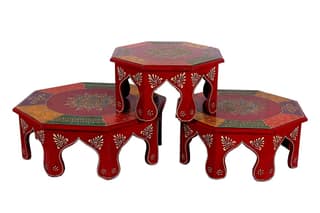 Home Design Multi-Purpose Wooden Bajot Set for Home Decor, Multicolour, Octangle shape wood chowki, Red color (set of 3)