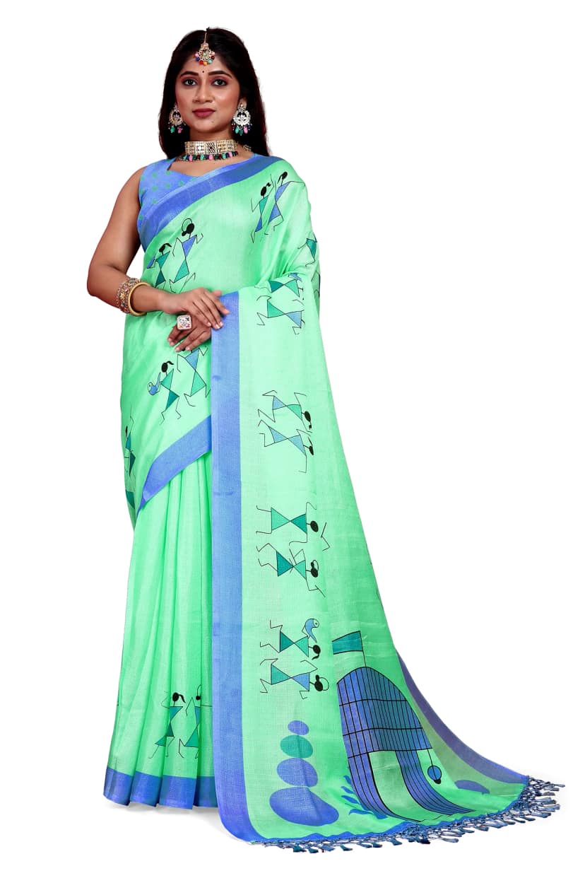 Khadi Silk Warli Printed Saree with Unstitched Blouse for Women (Color - Cyan) by SHIV TEXTILES