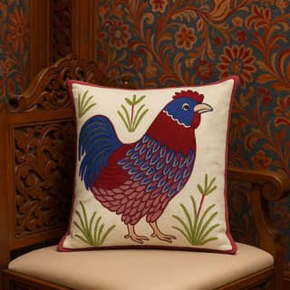 Beige Rooster Embroidered Cushion Cover