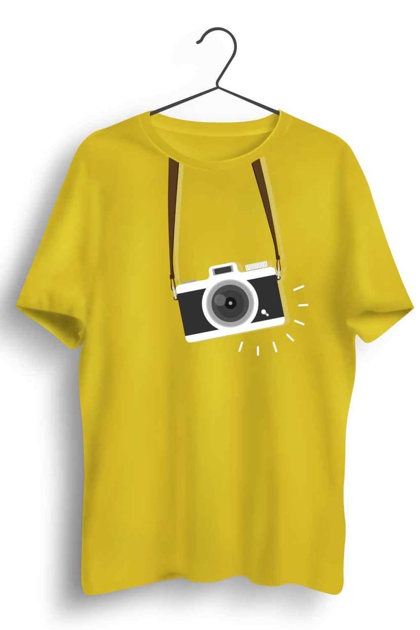 Camera Strap Graphic Printed Mens Round Neck Yellow Cotton Tshirt
