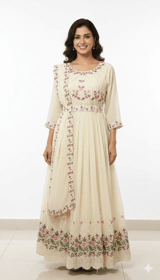 99ladies Store Cream Floral Embroidered Three Fourth Sleeve Anarkali Style Long Dress with Attached Dupatta for Women