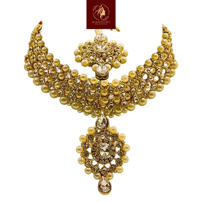 Nandini Luxury Handcrafted Gold Plated Necklace Jewellery Set with Long Chain, Earrings And Mangtika, Clear AD, Pearl Off-White view 3