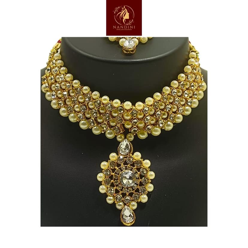 Nandini Luxury Handcrafted Gold Plated Necklace Jewellery Set with Long Chain, Earrings And Mangtika, Clear AD, Pearl Off-White view 4