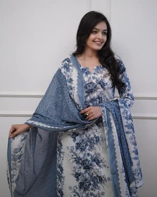 Women's Elegant Blue Printed Cotton Kurti Pant Dupatta Set - Lightweight, Breathable, Stylish, Durable, and Comfortable