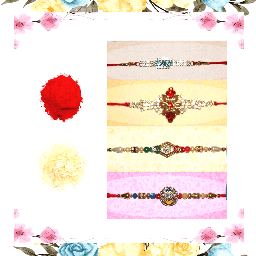 4 Rakhi Combo Pack for Raksha Bandhan - Set of 4 Designer Rakhi with Roli and Rice - Elegant Thread Bracelets with Sparkling Crystals, Metal, and Plastic Accents for Brothers, Bhabhi, and Kids(Pack of 4+1) view 3