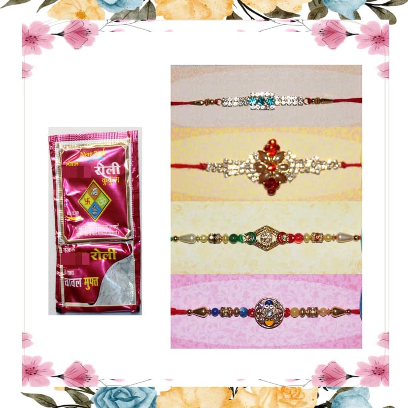 4 Rakhi Combo Pack for Raksha Bandhan - Set of 4 Designer Rakhi with Roli and Rice - Elegant Thread Bracelets with Sparkling Crystals, Metal, and Plastic Accents for Brothers, Bhabhi, and Kids(Pack of 4+1) view 4