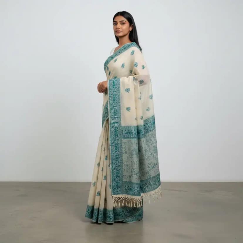 Sambalpuri Baandha Ikat Cotton Saree in Beige and Teal, with Blouse