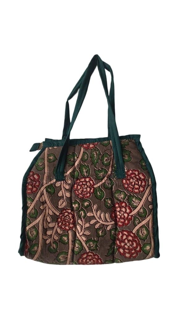 AP MEPMA KALANKARI BAGS Handcrafted Kalamkari Cotton Tote Bag with Floral Print and Green Trim view 3
