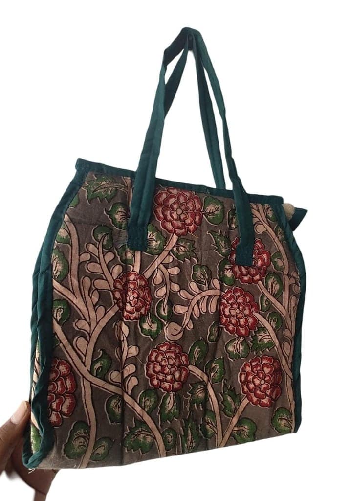 AP MEPMA KALANKARI BAGS Handcrafted Kalamkari Cotton Tote Bag with Floral Print and Green Trim view 4
