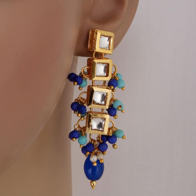 Lucky Jewellery Traditional Back Meenkari Gold Plated uncut kundan Firoji Blue Earrings (195-J5EK-1664-FB) view 5