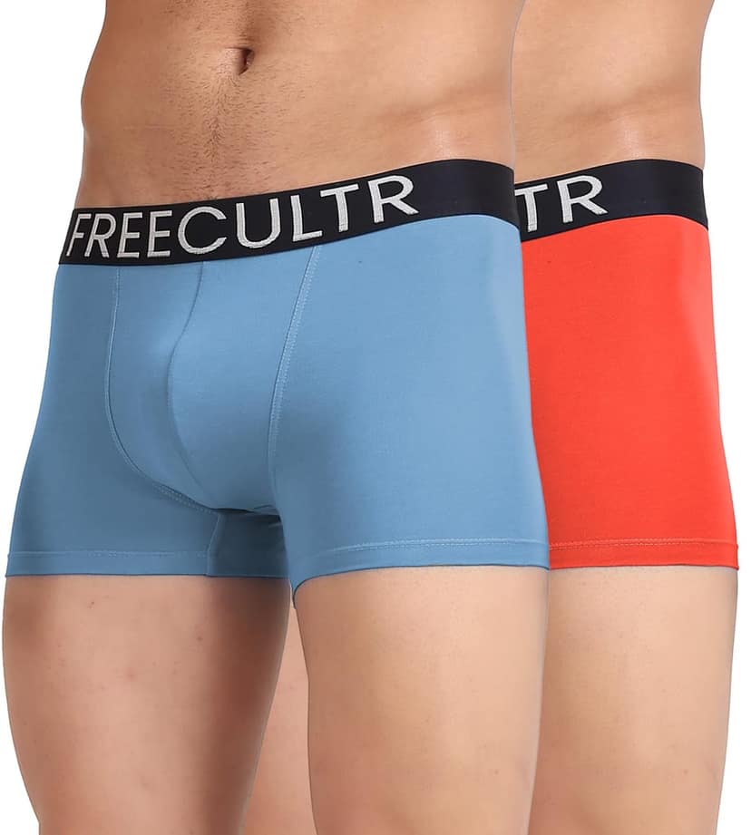 Freecultr Men's Underwear Organic Cotton (Ultrasoft Waistband) Premium Snug-Fit Trunk Pack of 2-Coral,Shadow Blue
