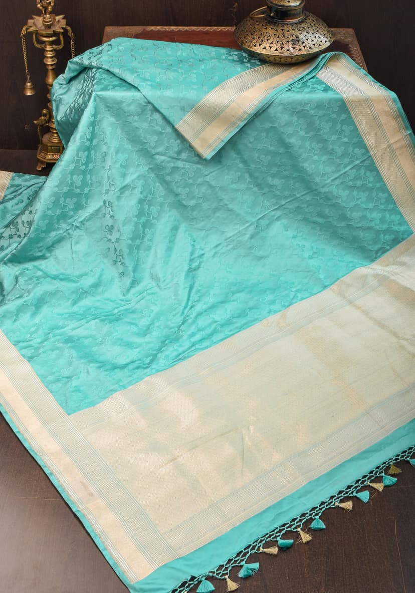 Stunning Tanchoi Floral Banarasi Saree in Pure Silk Satin in Aqua Blue with Zari Border | SILK MARK CERTIFIED view 3