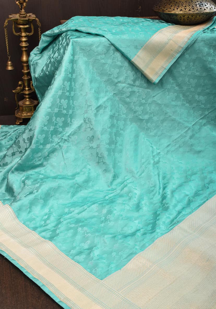 Stunning Tanchoi Floral Banarasi Saree in Pure Silk Satin in Aqua Blue with Zari Border | SILK MARK CERTIFIED view 4