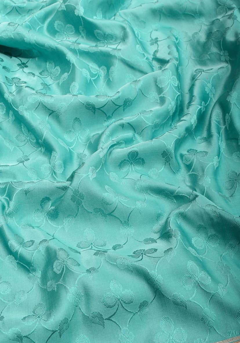 Stunning Tanchoi Floral Banarasi Saree in Pure Silk Satin in Aqua Blue with Zari Border | SILK MARK CERTIFIED view 5