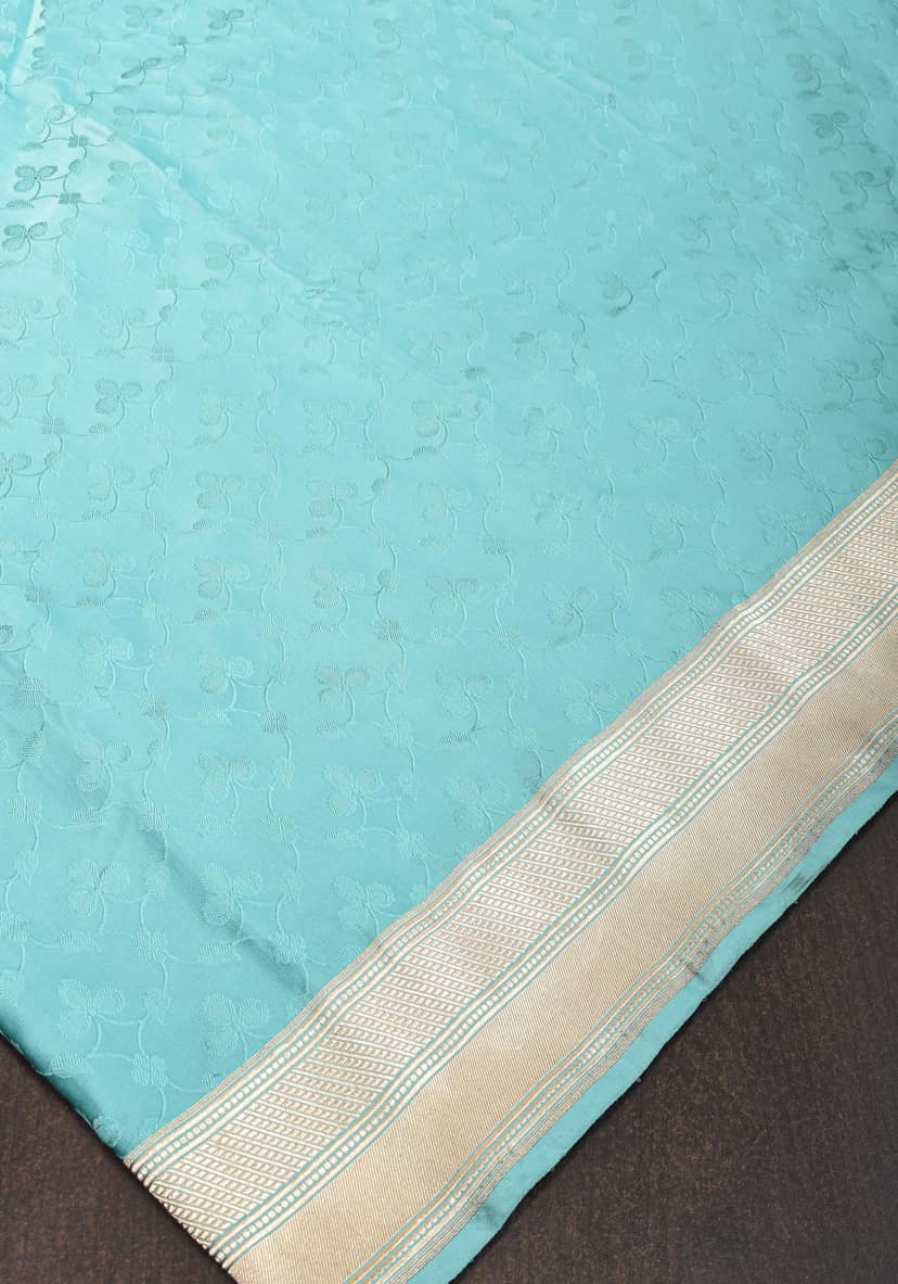 Stunning Tanchoi Floral Banarasi Saree in Pure Silk Satin in Aqua Blue with Zari Border | SILK MARK CERTIFIED view 7