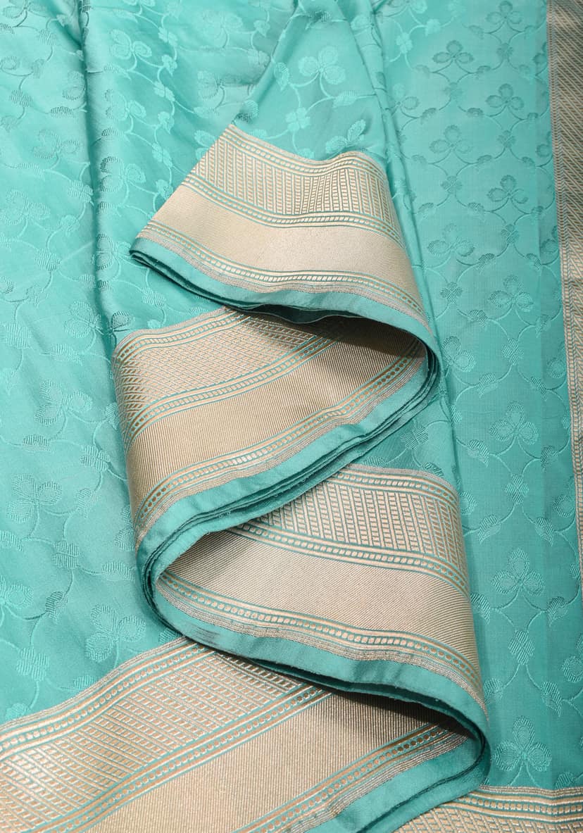 Stunning Tanchoi Floral Banarasi Saree in Pure Silk Satin in Aqua Blue with Zari Border | SILK MARK CERTIFIED view 8