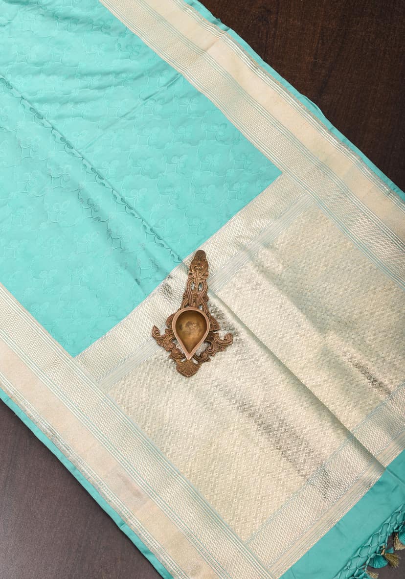 Stunning Tanchoi Floral Banarasi Saree in Pure Silk Satin in Aqua Blue with Zari Border | SILK MARK CERTIFIED view 9