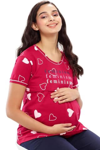 ZEYO Women Cotton Red Heart Print Maternity & Feeding Top
