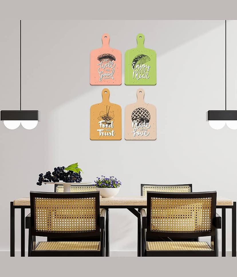 SAF Set of 4 MDF Kitchen Paddle Wall Hangings with Food Illustrations and Quotes | Eat Well Feel Good In Food We Trust Made With Love Enjoy Your Meal | Rustic Café & Home Décor view 2
