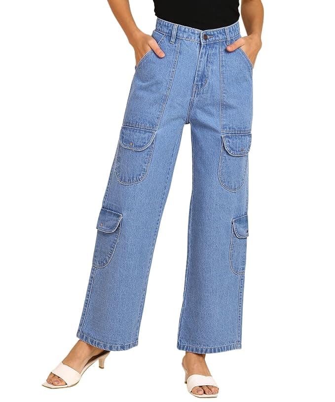 Glossia Fashion Women High Waist Baggy Wide Leg Straight Fit Cargo Jeans - Light Blue, 34