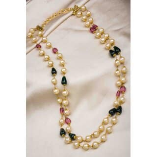Two Layers Pearl Necklace with Red and Green Beads