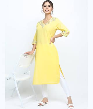Vishudh Women Cotton Embroidered Straight Kurti ( Yellow )