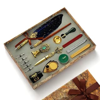 Quill Pen Ink Wax Seal Stamp Gift Set, Feather Pen Ink Set Includes Feather Dip Pen,Ink,5 Replacement Nibs,3 Wax Seal Sticks,Pen Nib Base,Seal Stamp, White Wax,Spoon, Valentine Gift