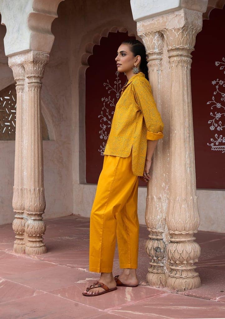 HOC Crafts Glazed Cotton Hand Block Printed with Hand Embroidery Women's 2 PC Co-ord Set - Mustard view 4