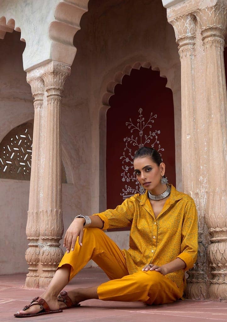 HOC Crafts Glazed Cotton Hand Block Printed with Hand Embroidery Women's 2 PC Co-ord Set - Mustard view 5