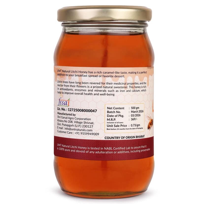 UNT Naturals Raw Litchi Honey 500g- Pure & Natural Honey- Unfiltered, Unprocessed & Unheated Shahad- No Added Sugar- Naturally Contains Enzymes & Antioxidant- Ideal for Tea, Cooking & Baking view 3