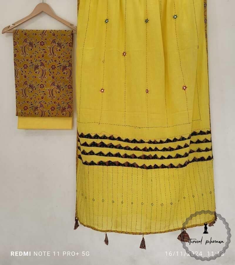 Pure Cotton Ajrakh Dress Material with Applique Design Dupatta in Beautiful Colors view 4