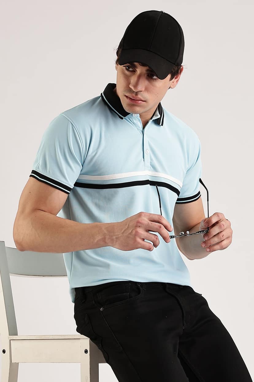Polyester Sky Blue Striped Polo view 5
