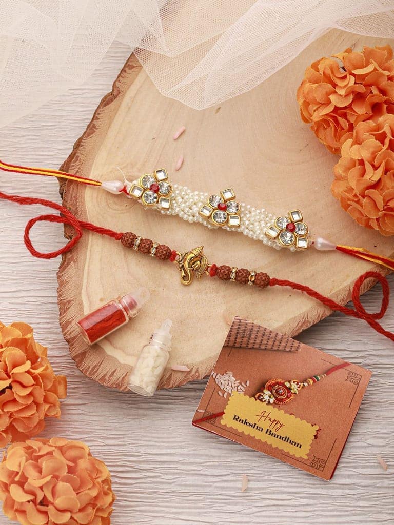Set Of 2 Handcrafted Ganesh Rudraksh & Pearl Beaded Combo Thread Moli Rakhi Wth Roli Chawal