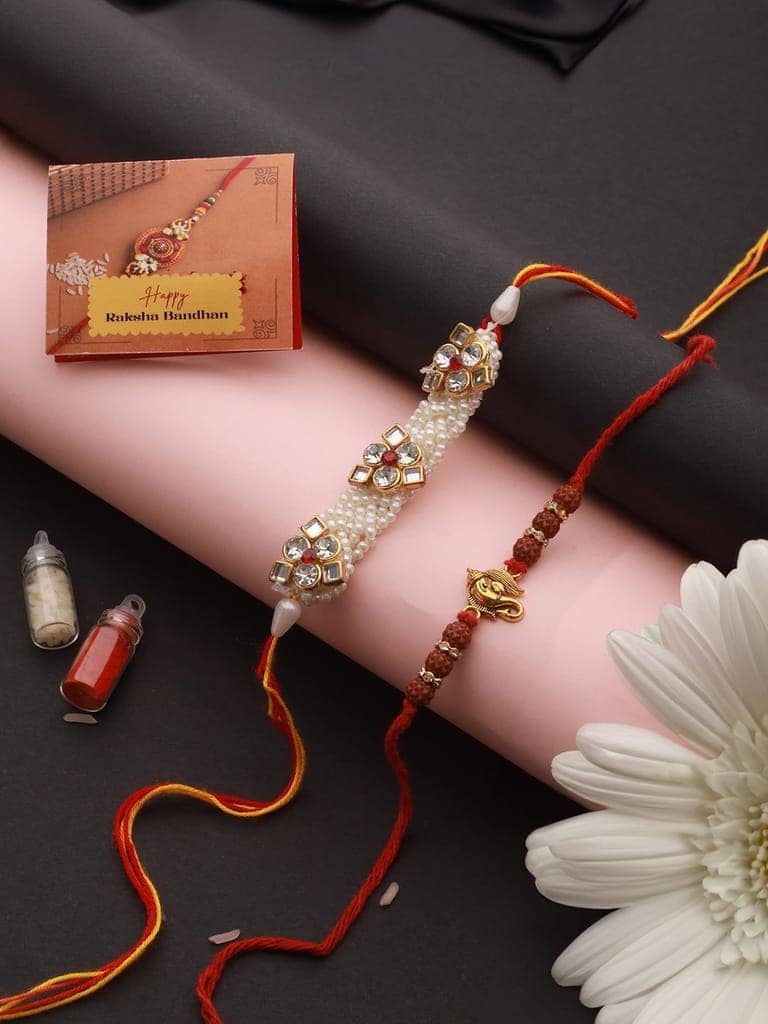 Set Of 2 Handcrafted Ganesh Rudraksh & Pearl Beaded Combo Thread Moli Rakhi Wth Roli Chawal view 2