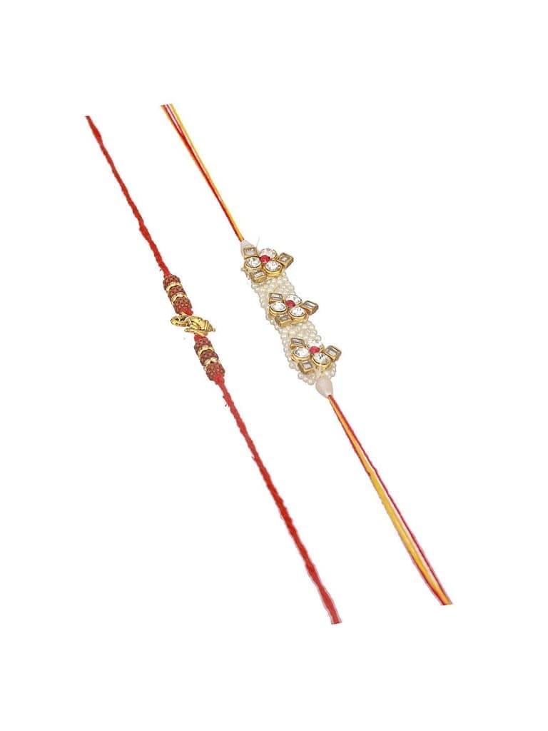 Set Of 2 Handcrafted Ganesh Rudraksh & Pearl Beaded Combo Thread Moli Rakhi Wth Roli Chawal view 3