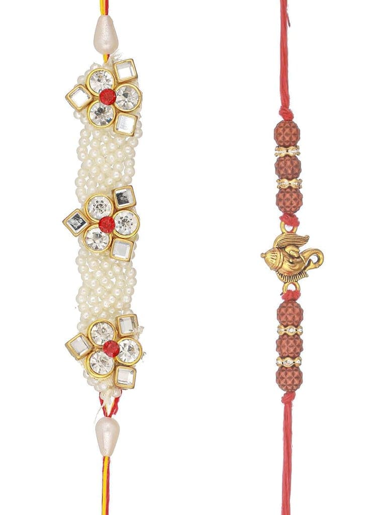 Set Of 2 Handcrafted Ganesh Rudraksh & Pearl Beaded Combo Thread Moli Rakhi Wth Roli Chawal view 4