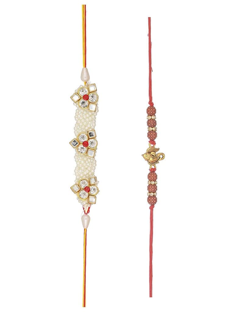 Set Of 2 Handcrafted Ganesh Rudraksh & Pearl Beaded Combo Thread Moli Rakhi Wth Roli Chawal view 5