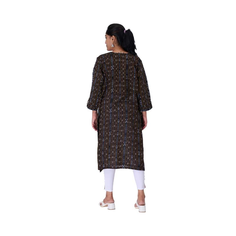 GHL GUENDICHA HAAT Sambalpuri Certified Handloom Women's Pure Cotton Round Neck Front Slit Kurta view 4