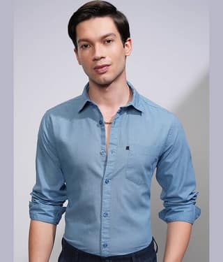 Highlander Cotton Blend Slim Fit Solids Full Sleeves Men's Casual Shirt - Blue ( Pack of 1 )