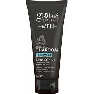 Globus Naturals Anti Pollution & Anti Acne Charcoal Face Wash, Detoxifying Cleanser, Fights Pollution and De-Tans skin, For Men with Oily & Acne Prone Skin, 100 gms
