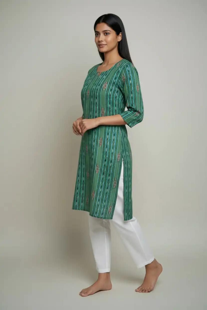 Sambalpuri Ikat Green Cotton Kurti view 2
