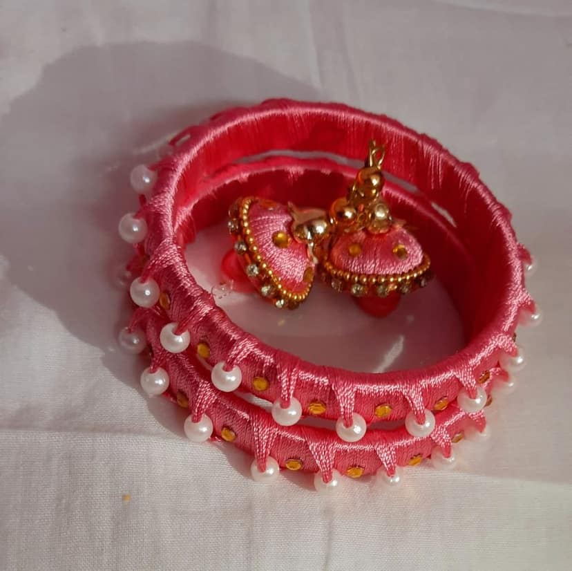 Pink Silk Thread Bangle Set with Pearl view 3