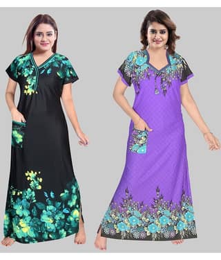 PURSA - Black Satin Women's Nightwear Nighty & Night Gowns ( Pack of 2 )