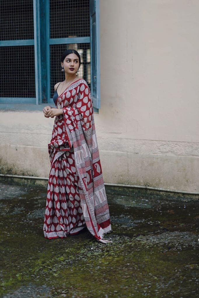Kaisori Nandana Bagh Patti boota handblockprinted cotton saree view 4
